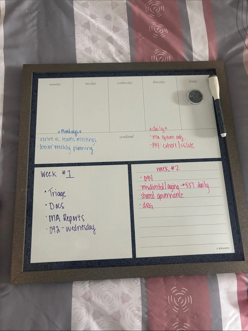 Magnetic Weekly Planning Whiteboard - grey w/sparkles Frame w/ dry erase markers